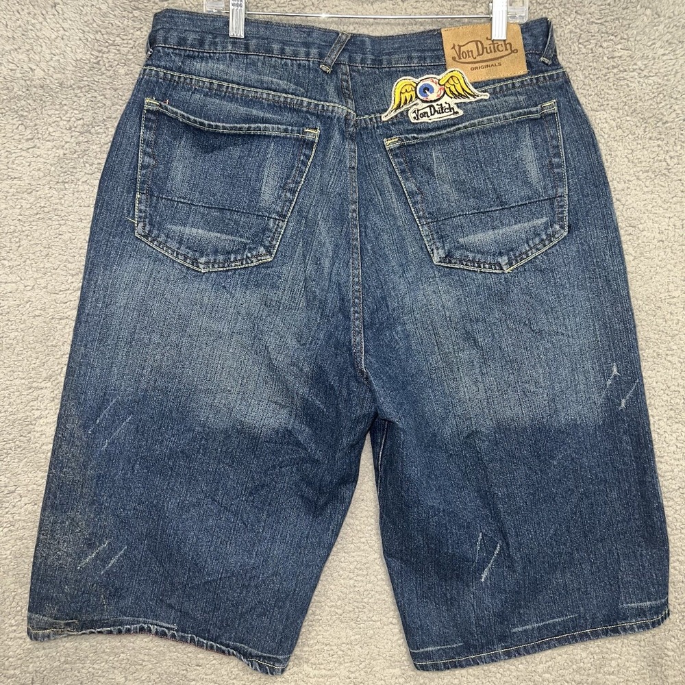 VTG Von Dutch Jean Shorts Mens Sz 36 *35x16* Blue Distress Button Fly Winged Eye